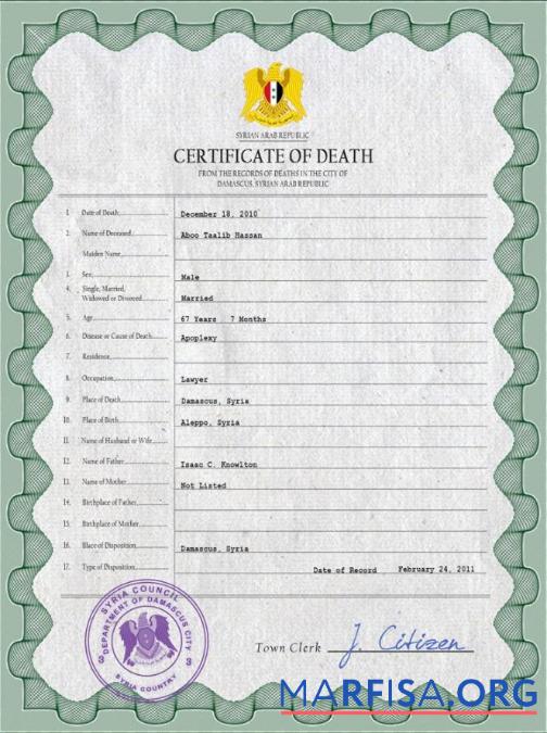 Realistic Syria vital record death certificate PSD template